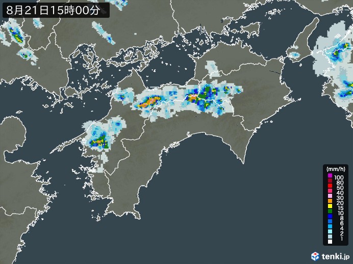 四国地方の雨雲レーダー(2023年08月21日)