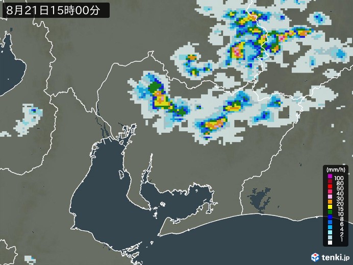 愛知県の雨雲レーダー(2023年08月21日)