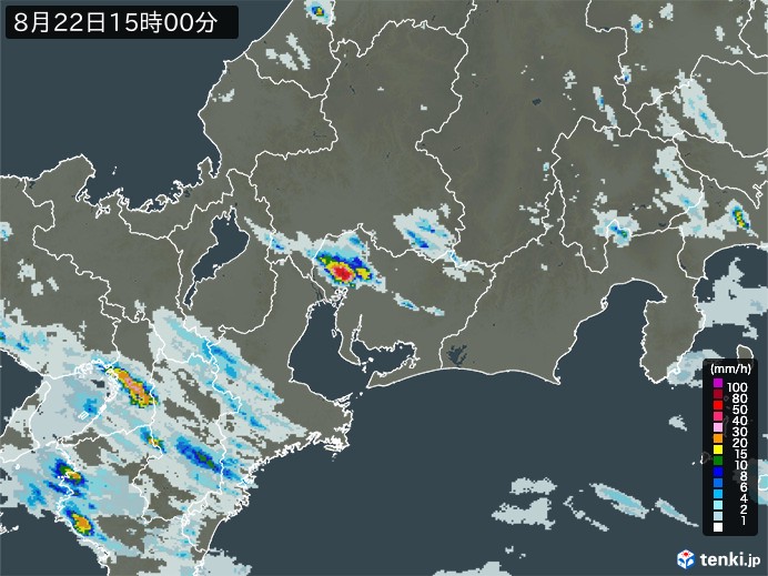 東海地方の雨雲レーダー(2023年08月22日)