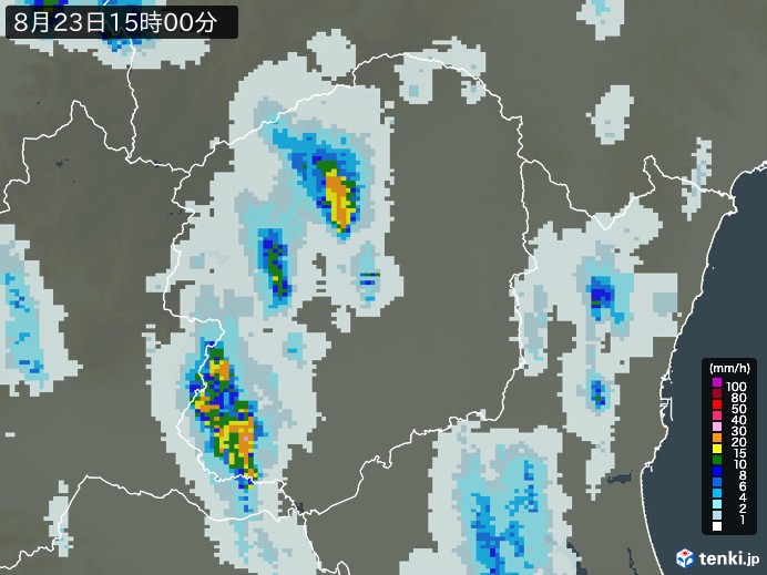 栃木県の雨雲レーダー(2023年08月23日)