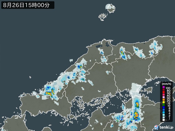 中国地方の雨雲レーダー(2023年08月26日)