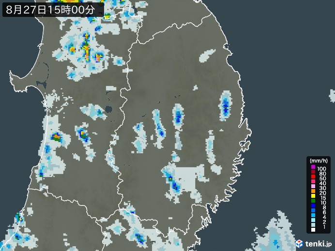 岩手県の雨雲レーダー(2023年08月27日)