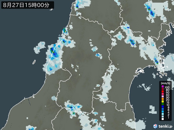 山形県の雨雲レーダー(2023年08月27日)