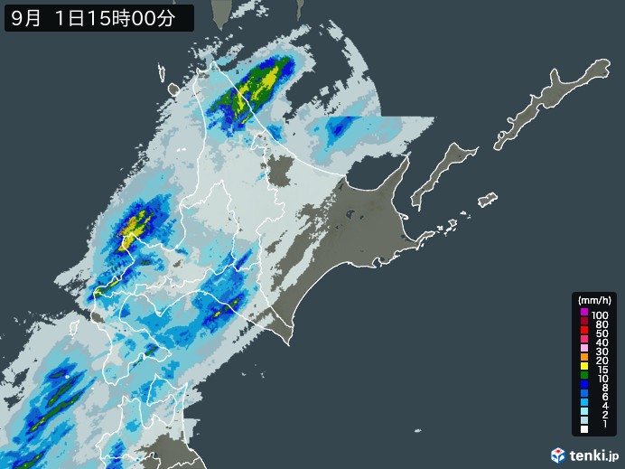 北海道地方の雨雲レーダー(2023年09月01日)