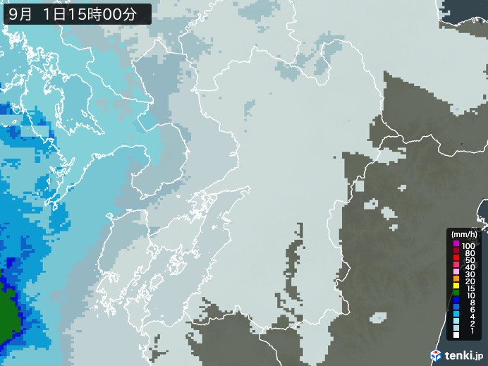 熊本県の雨雲レーダー(2023年09月01日)