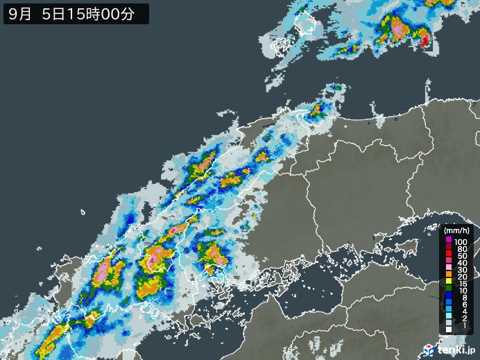 中国地方の雨雲レーダー(2023年09月05日)