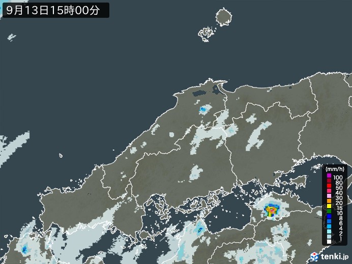 中国地方の雨雲レーダー(2023年09月13日)