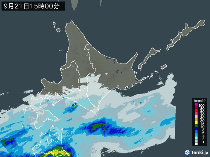 北海道地方の雨雲レーダー(2023年09月21日)