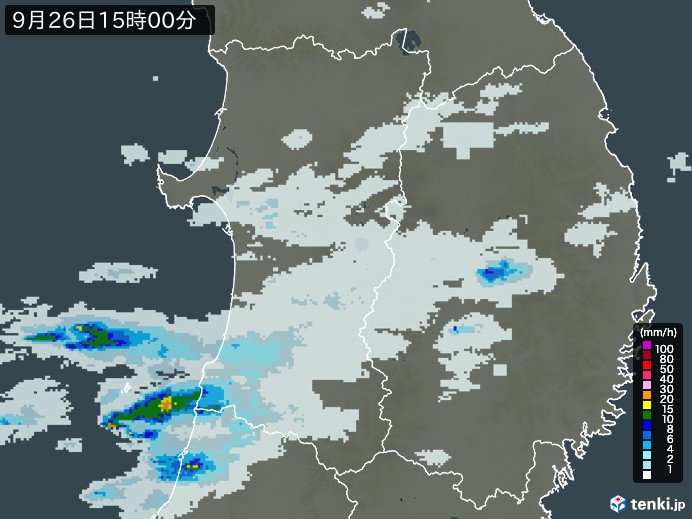 秋田県の雨雲レーダー(2023年09月26日)