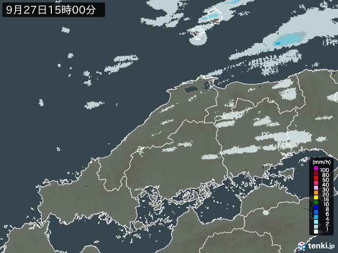 中国地方の雨雲レーダー(2023年09月27日)