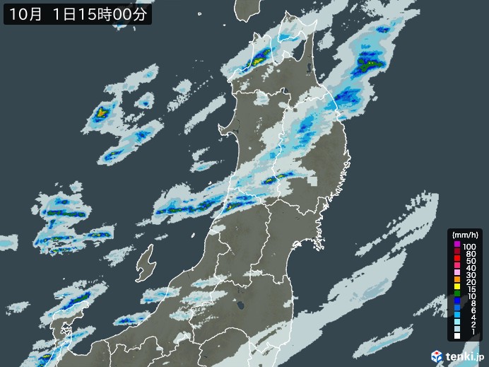 東北地方の雨雲レーダー(2023年10月01日)