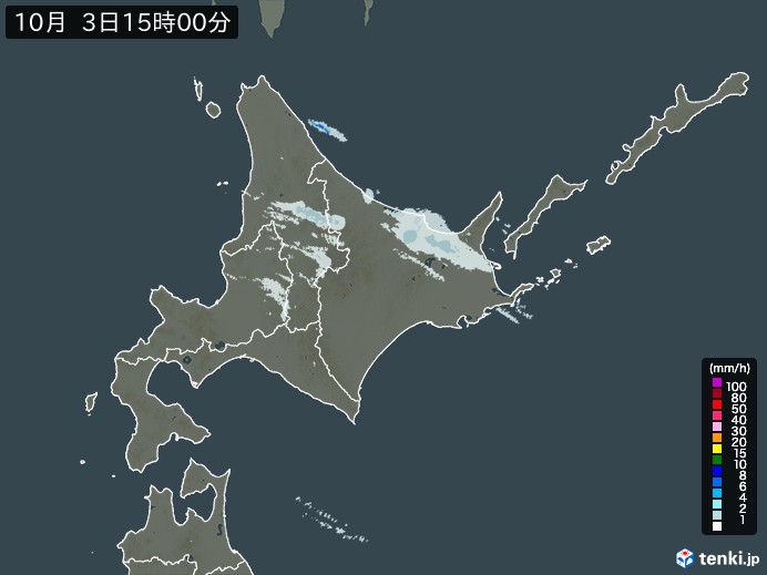 北海道地方の雨雲レーダー(2023年10月03日)