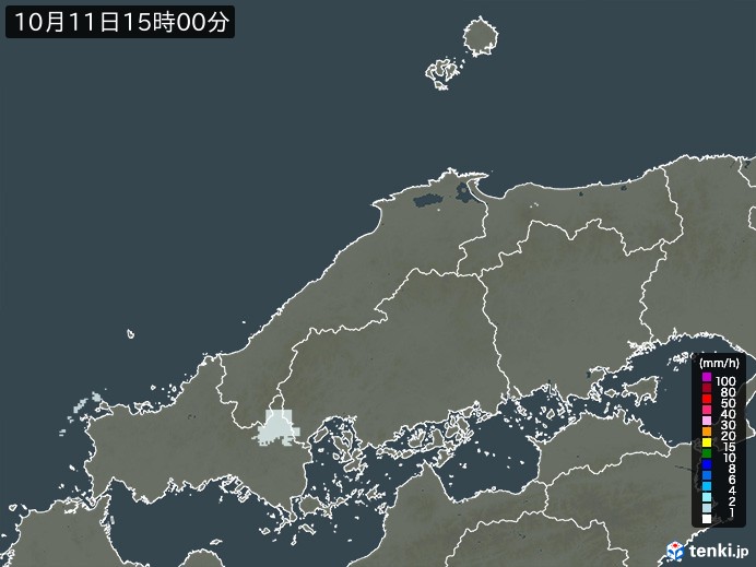 中国地方の雨雲レーダー(2023年10月11日)