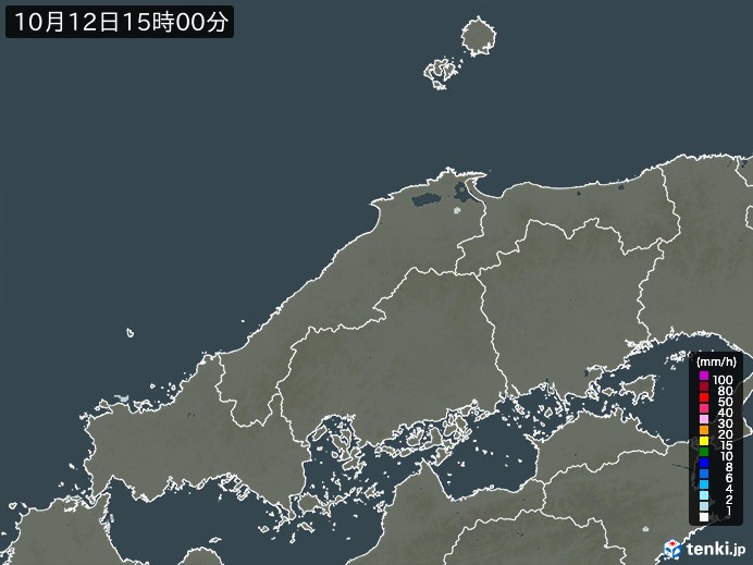中国地方の雨雲レーダー(2023年10月12日)