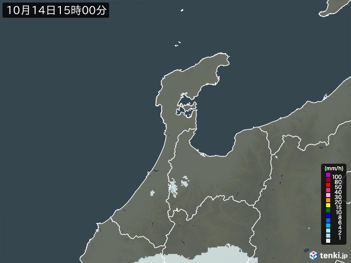 石川県の雨雲レーダー(2023年10月14日)