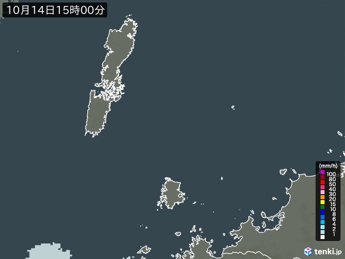 壱岐・対馬(長崎県)の雨雲レーダー(2023年10月14日)