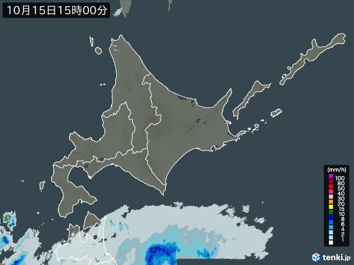 北海道地方の雨雲レーダー(2023年10月15日)