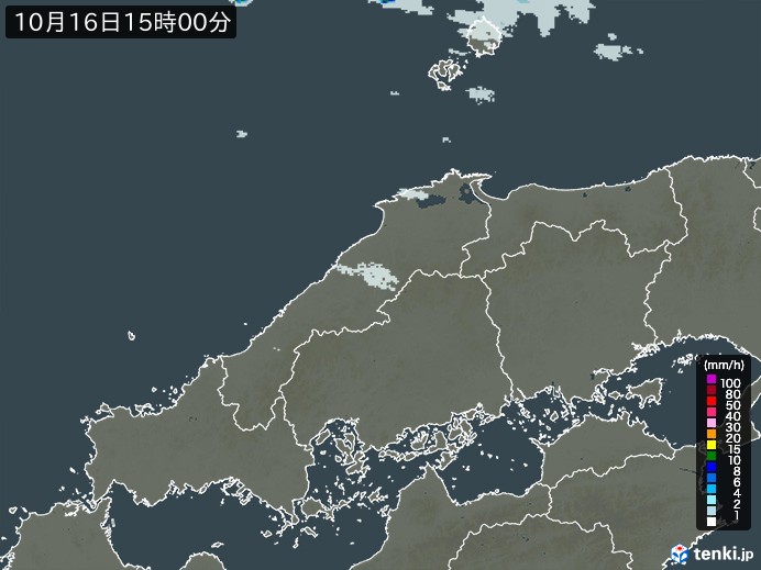 中国地方の雨雲レーダー(2023年10月16日)