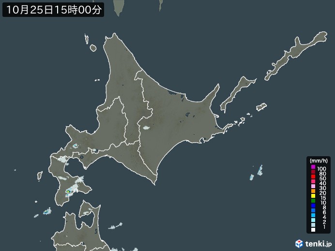 北海道地方の雨雲レーダー(2023年10月25日)