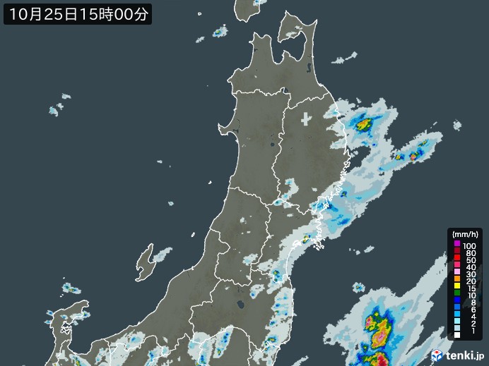 東北地方の雨雲レーダー(2023年10月25日)