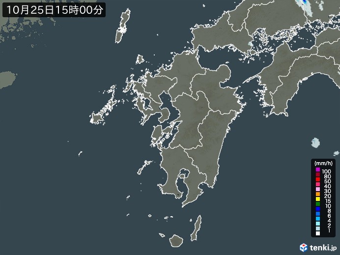 九州地方の雨雲レーダー(2023年10月25日)