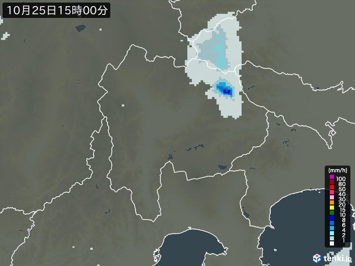 山梨県の雨雲レーダー(2023年10月25日)