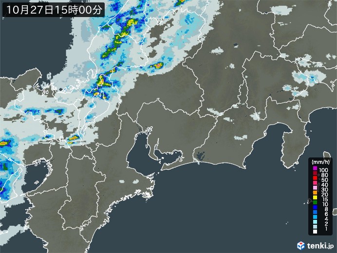 東海地方の雨雲レーダー(2023年10月27日)