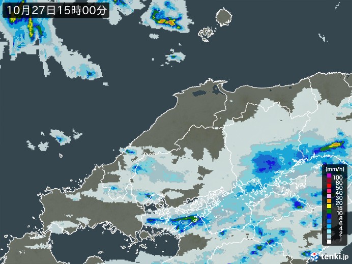 中国地方の雨雲レーダー(2023年10月27日)