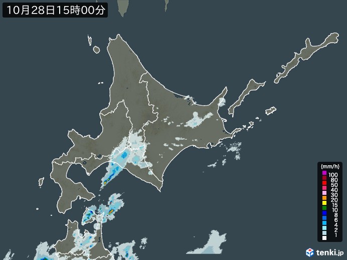北海道地方の雨雲レーダー(2023年10月28日)