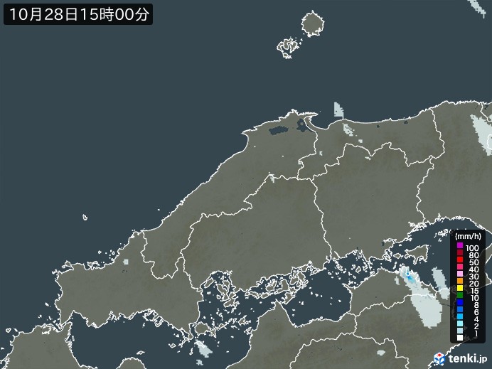 中国地方の雨雲レーダー(2023年10月28日)