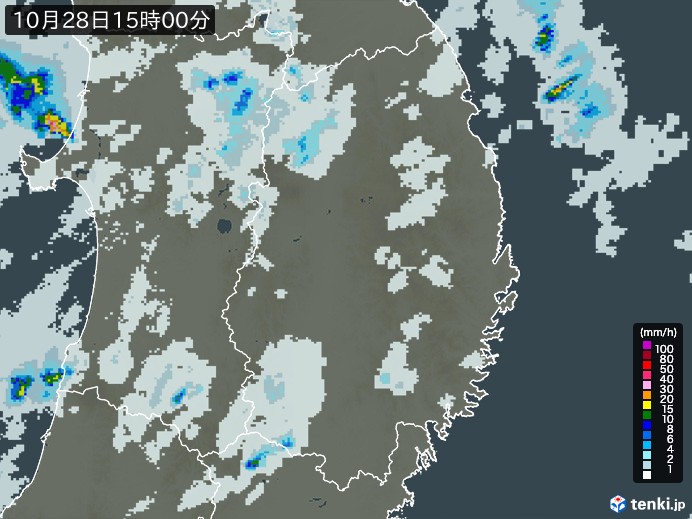 岩手県の雨雲レーダー(2023年10月28日)