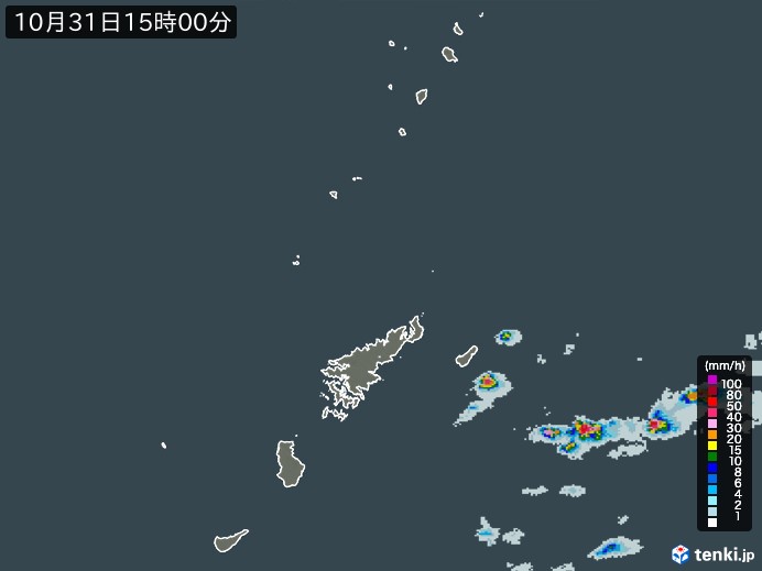 奄美諸島(鹿児島県)の雨雲レーダー(2023年10月31日)