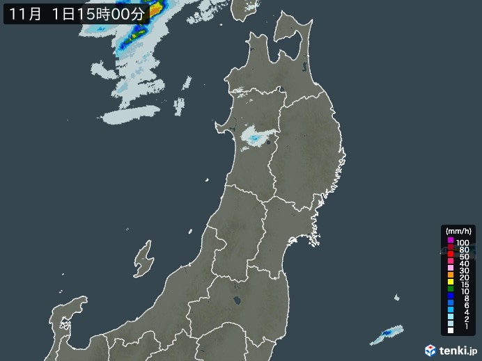 東北地方の雨雲レーダー(2023年11月01日)