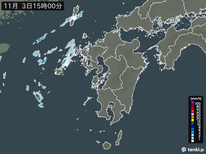 九州地方の雨雲レーダー(2023年11月03日)