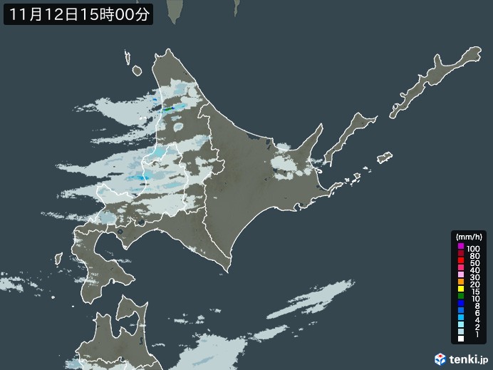 北海道地方の雨雲レーダー(2023年11月12日)