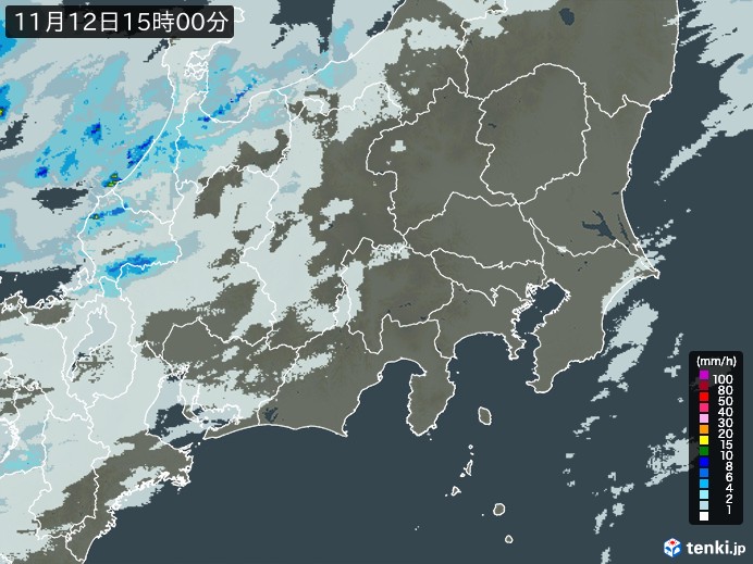 関東・甲信地方の雨雲レーダー(2023年11月12日)