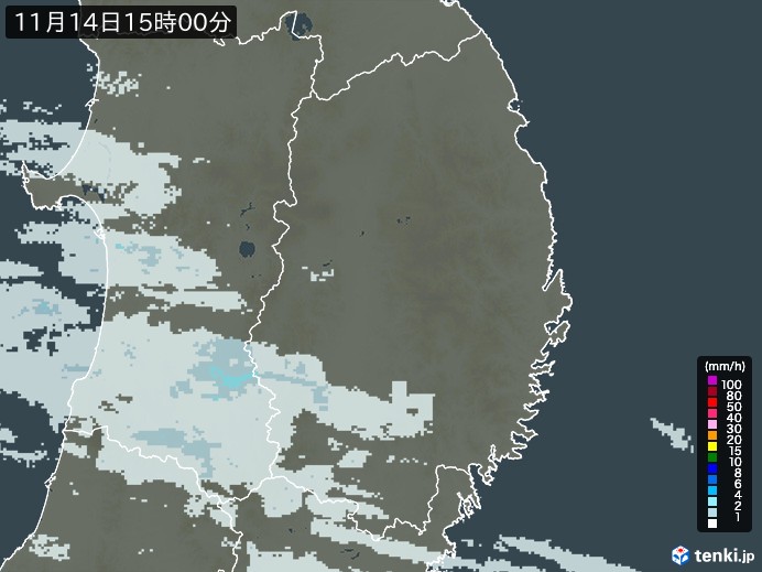 岩手県の雨雲レーダー(2023年11月14日)