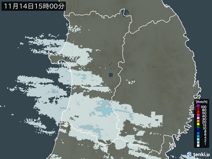 秋田県の雨雲レーダー(2023年11月14日)
