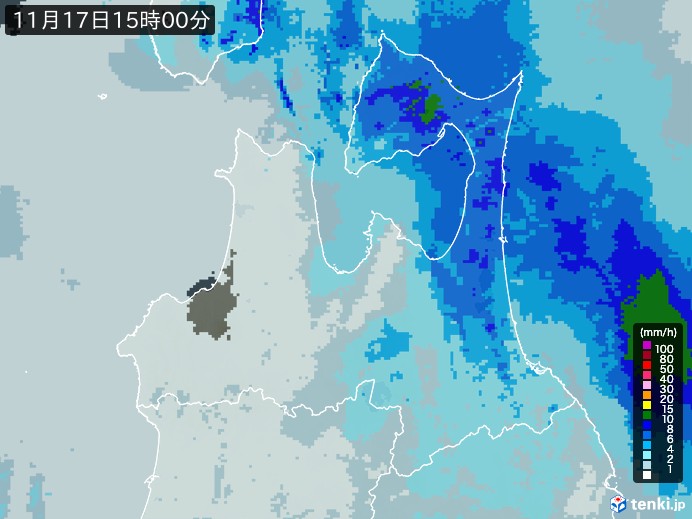 青森県の雨雲レーダー(2023年11月17日)