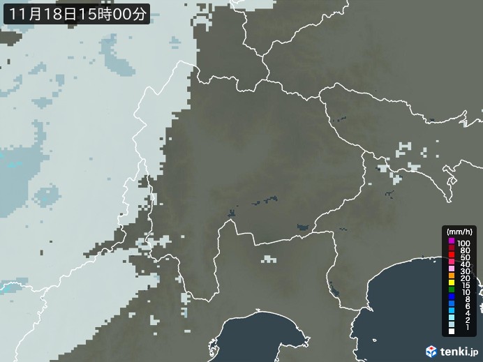 山梨県の雨雲レーダー(2023年11月18日)