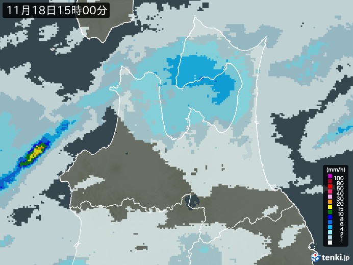 青森県の雨雲レーダー(2023年11月18日)