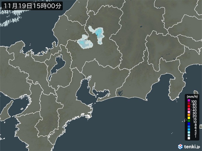 東海地方の雨雲レーダー(2023年11月19日)