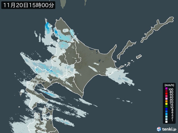 北海道地方の雨雲レーダー(2023年11月20日)