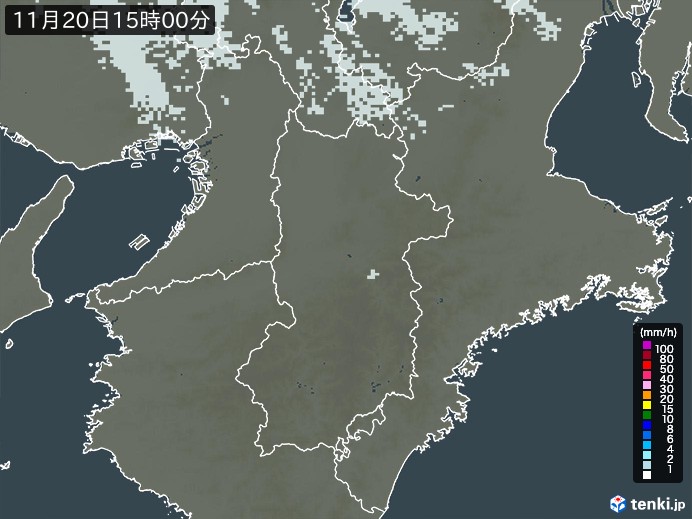 奈良県の雨雲レーダー(2023年11月20日)