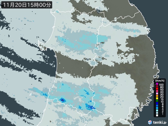 秋田県の雨雲レーダー(2023年11月20日)