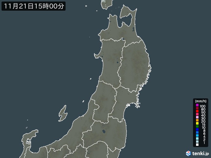東北地方の雨雲レーダー(2023年11月21日)