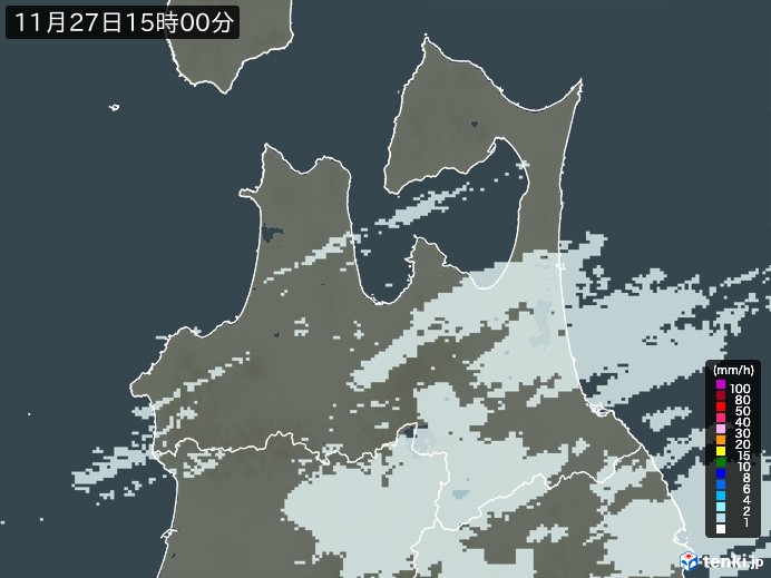 青森県の雨雲レーダー(2023年11月27日)