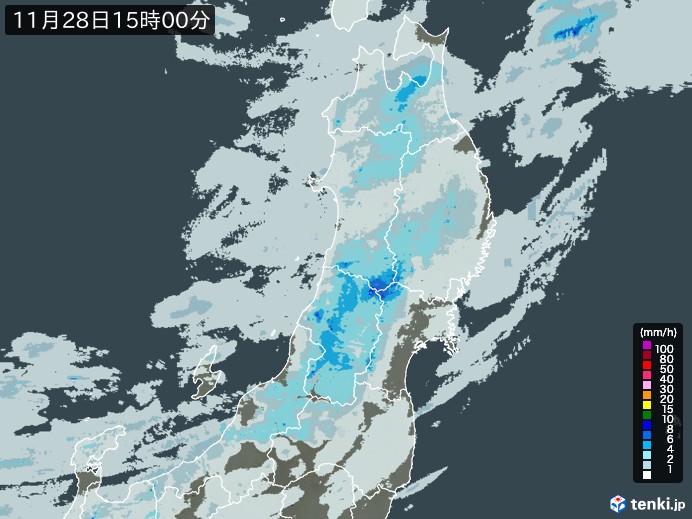 東北地方の雨雲レーダー(2023年11月28日)
