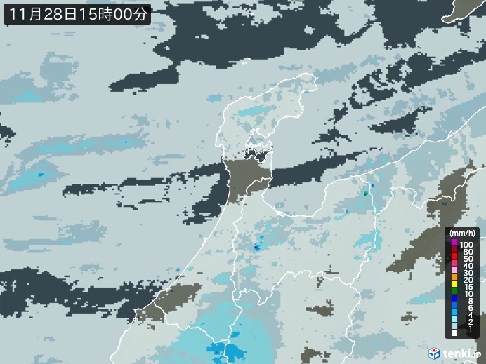 石川県の雨雲レーダー(2023年11月28日)