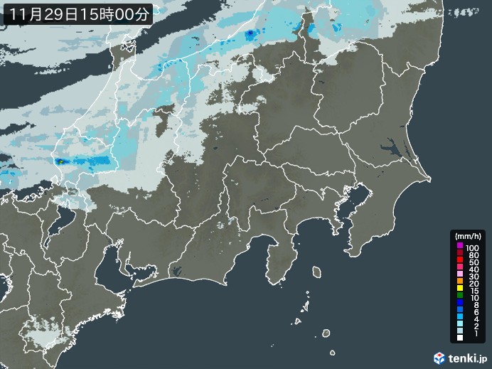 関東・甲信地方の雨雲レーダー(2023年11月29日)